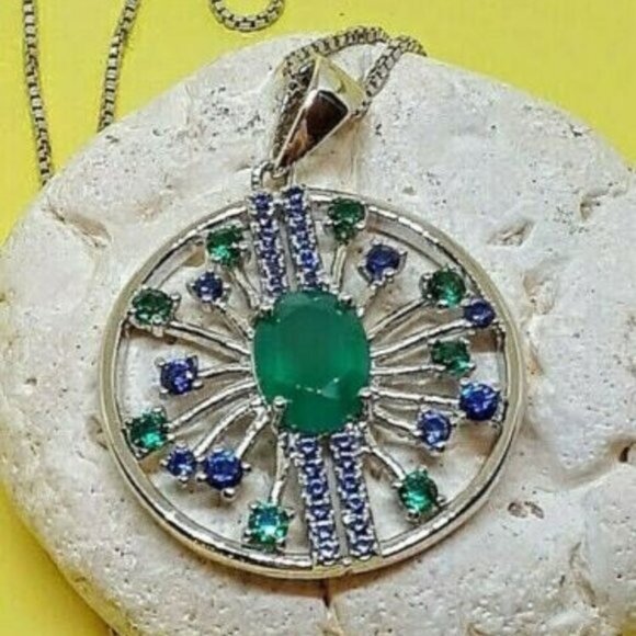 Natural Green Agate & CZ 925 Sterling Silver Necklace - Picture 2 of 7